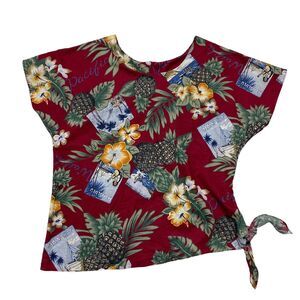 HILO HATTIE Red Floral Side Tie Womens Top Small Made in Hawaii Short Sleeve